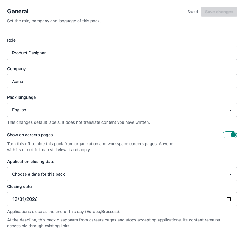 Pack visibility and application closing settings